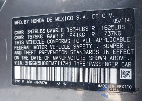 2015 Honda Fit Ex/Ex-L from USA, damaged, VIN 3HGGK5H88FM711341